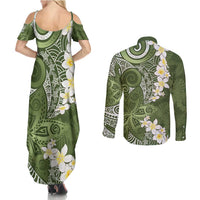 Green Polynesian Tribal Frangipani Tropical Vibe Couples Matching Summer Maxi Dress and Long Sleeve Button Shirt LT14 - Polynesian Pride