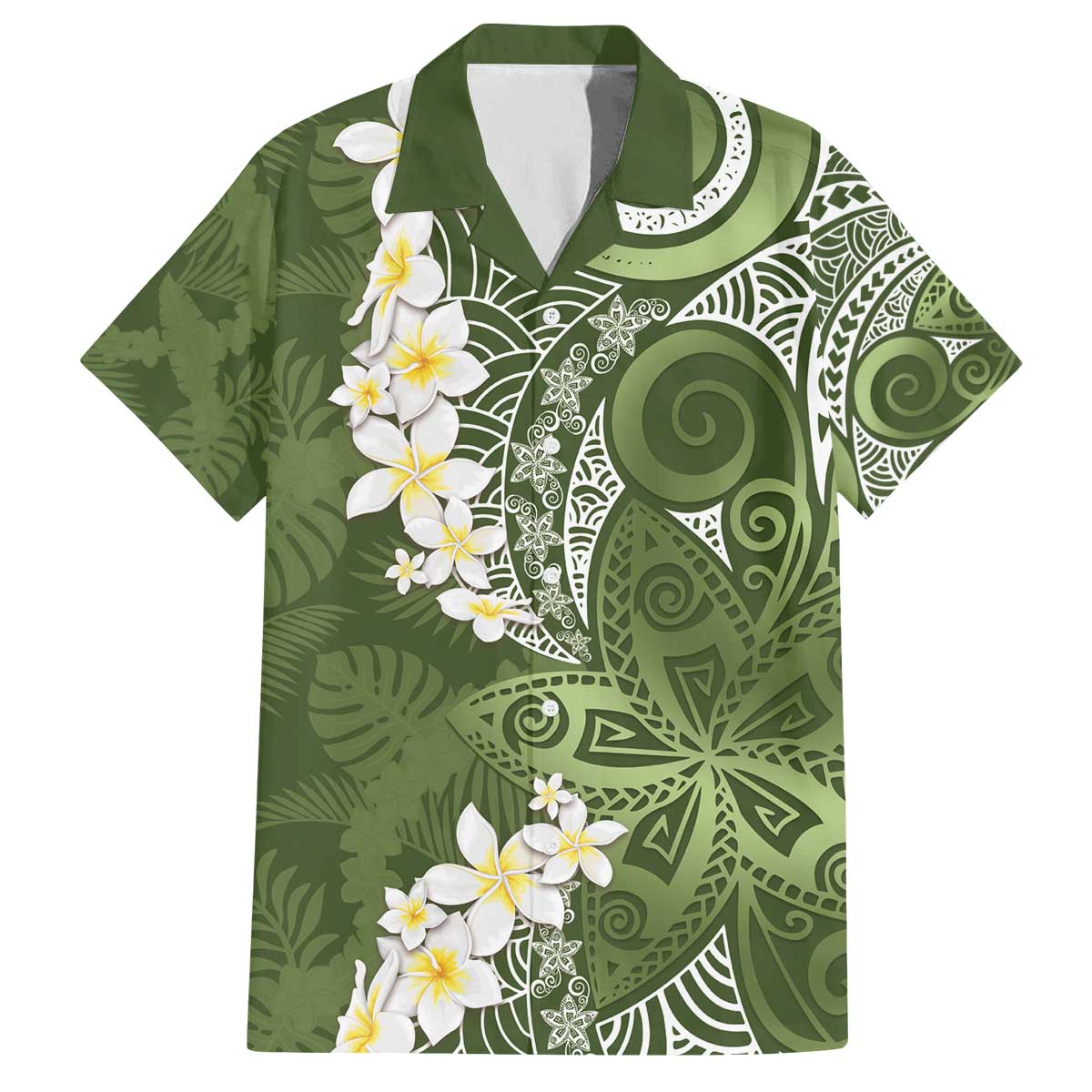 Green Polynesian Tribal Frangipani Tropical Vibe Family Matching Off The Shoulder Long Sleeve Dress and Hawaiian Shirt