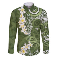 Green Polynesian Tribal Frangipani Tropical Vibe Family Matching Off The Shoulder Long Sleeve Dress and Hawaiian Shirt