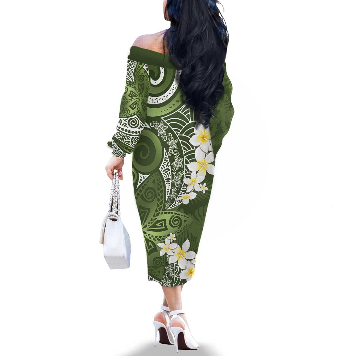 Green Polynesian Tribal Frangipani Tropical Vibe Family Matching Off The Shoulder Long Sleeve Dress and Hawaiian Shirt