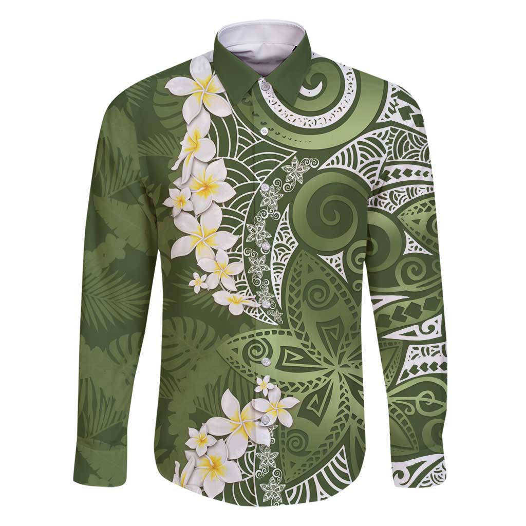 Green Polynesian Tribal Frangipani Tropical Vibe Family Matching Off Shoulder Short Dress and Hawaiian Shirt