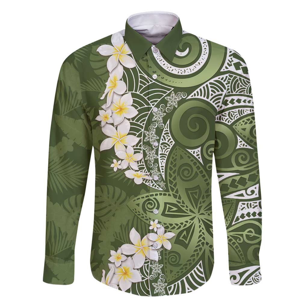Green Polynesian Tribal Frangipani Tropical Vibe Family Matching Puletasi and Hawaiian Shirt