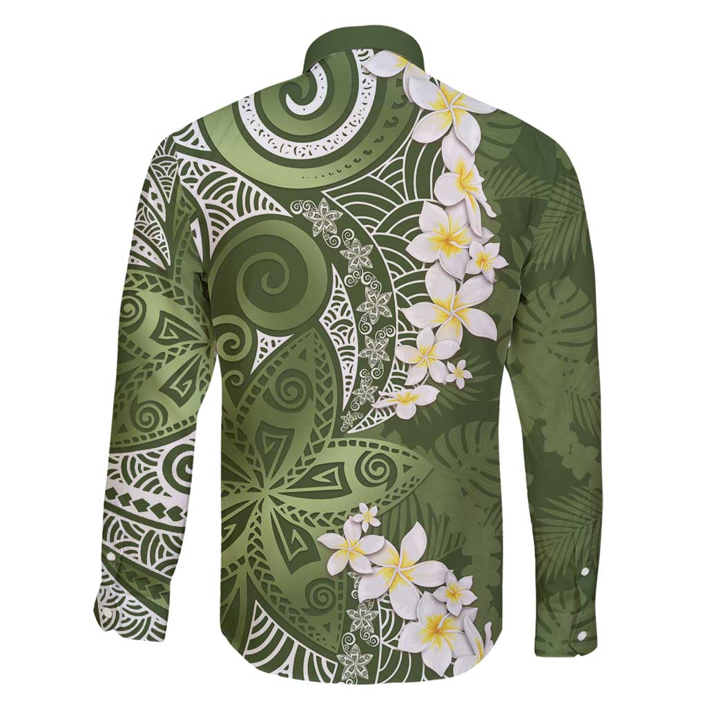 Green Polynesian Tribal Frangipani Tropical Vibe Family Matching Short Sleeve Bodycon Dress and Hawaiian Shirt