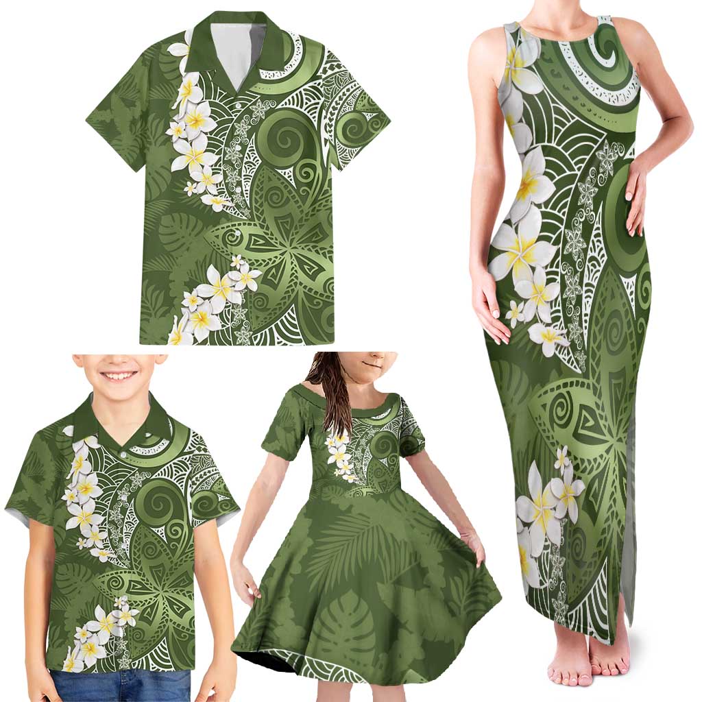 Green Polynesian Tribal Frangipani Tropical Vibe Family Matching Tank Maxi Dress and Hawaiian Shirt