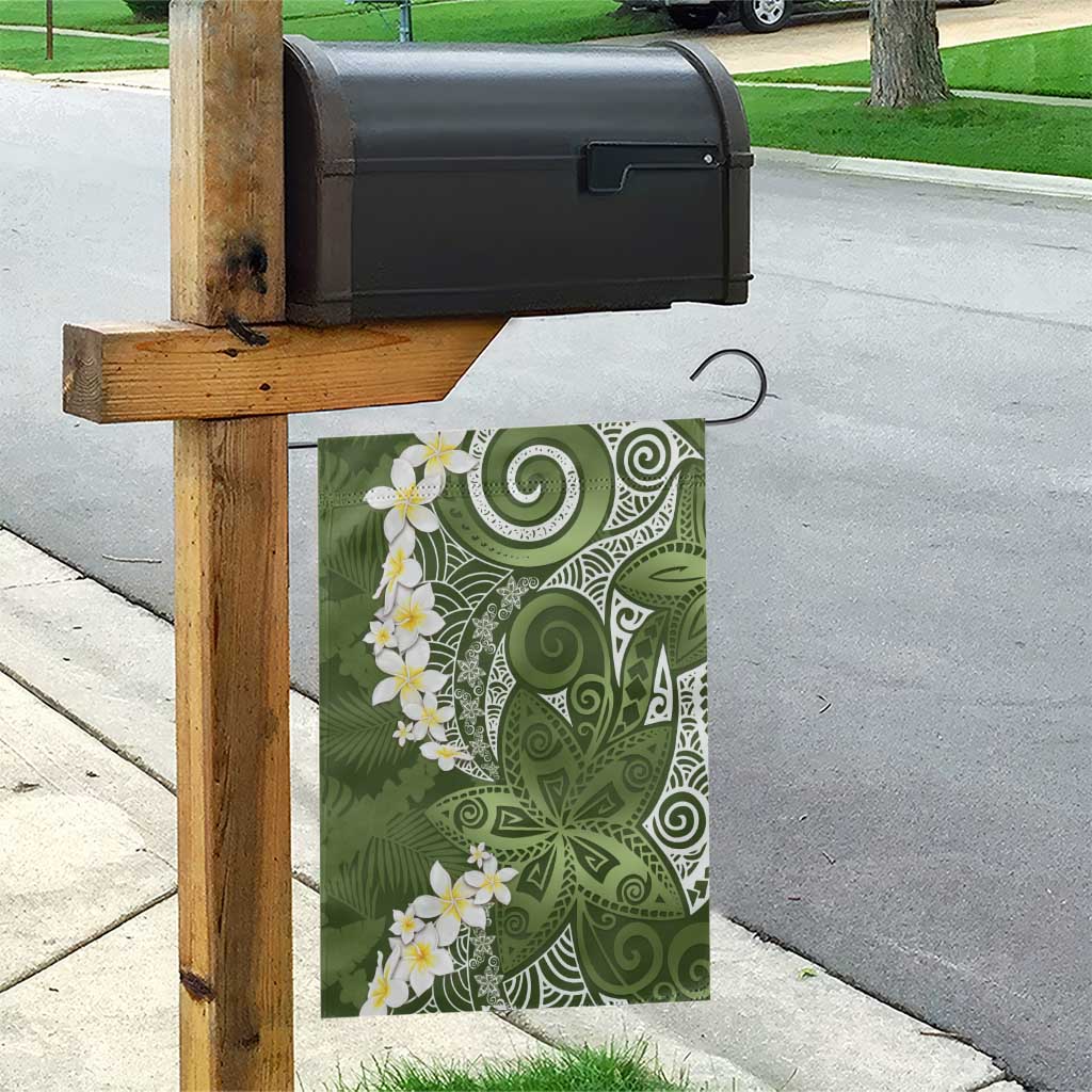 Green Polynesian Tribal Frangipani Tropical Vibe Garden Flag