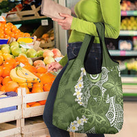 Green Polynesian Tribal Frangipani Tropical Vibe Grocery Bag