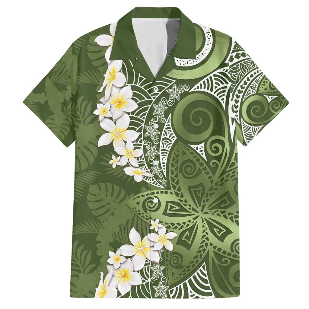 Green Polynesian Tribal Frangipani Tropical Vibe Hawaiian Shirt