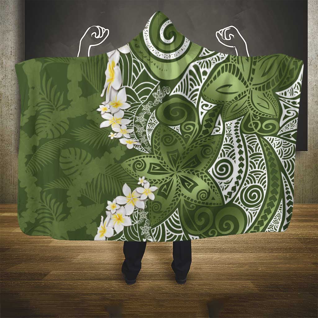 Green Polynesian Tribal Frangipani Tropical Vibe Hooded Blanket