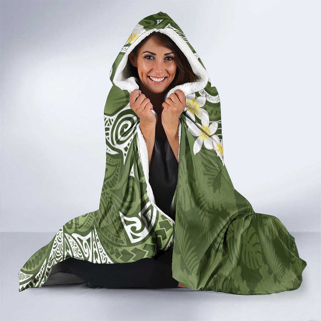 Green Polynesian Tribal Frangipani Tropical Vibe Hooded Blanket