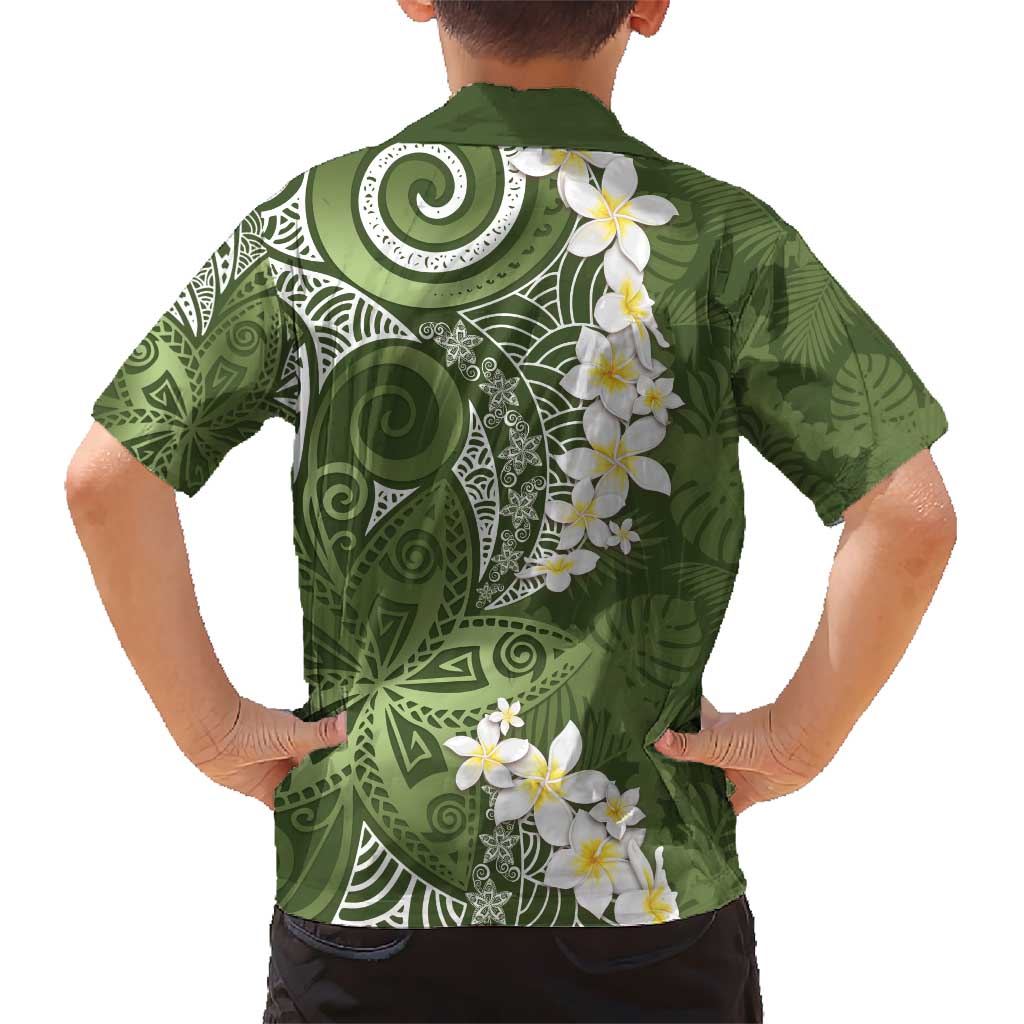 Green Polynesian Tribal Frangipani Tropical Vibe Kid Hawaiian Shirt