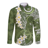 Green Polynesian Tribal Frangipani Tropical Vibe Long Sleeve Button Shirt