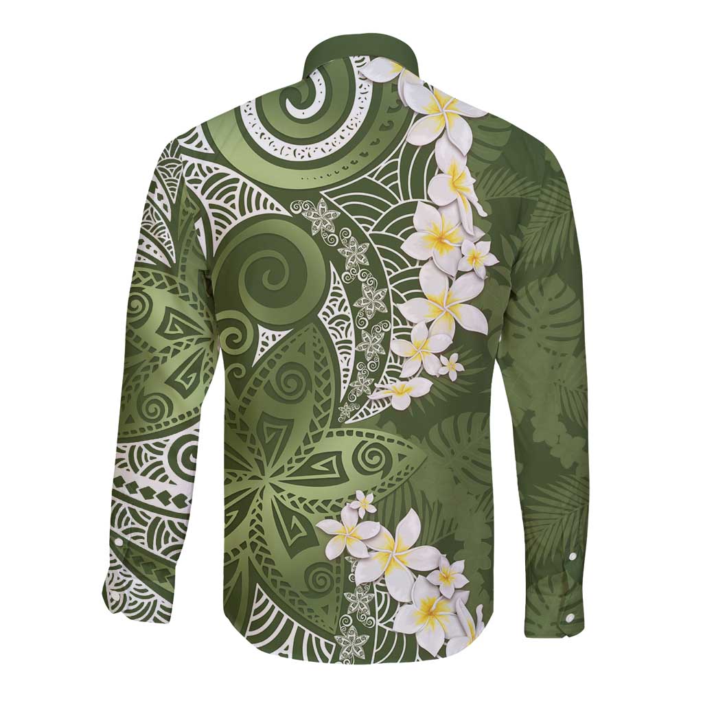 Green Polynesian Tribal Frangipani Tropical Vibe Long Sleeve Button Shirt