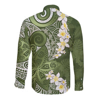 Green Polynesian Tribal Frangipani Tropical Vibe Long Sleeve Button Shirt