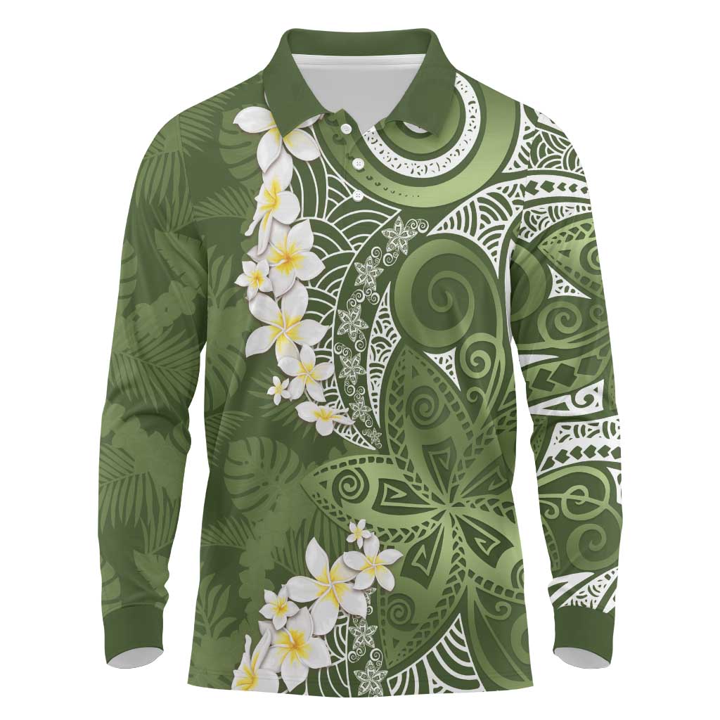 Green Polynesian Tribal Frangipani Tropical Vibe Long Sleeve Polo Shirt LT14 Green - Polynesian Pride