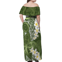 Green Polynesian Tribal Frangipani Tropical Vibe Off Shoulder Maxi Dress