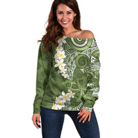 Green Polynesian Tribal Frangipani Tropical Vibe Off Shoulder Sweater