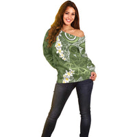 Green Polynesian Tribal Frangipani Tropical Vibe Off Shoulder Sweater