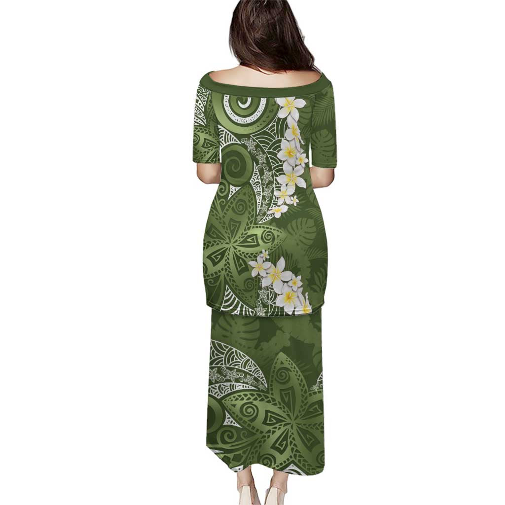 Green Polynesian Tribal Frangipani Tropical Vibe Puletasi
