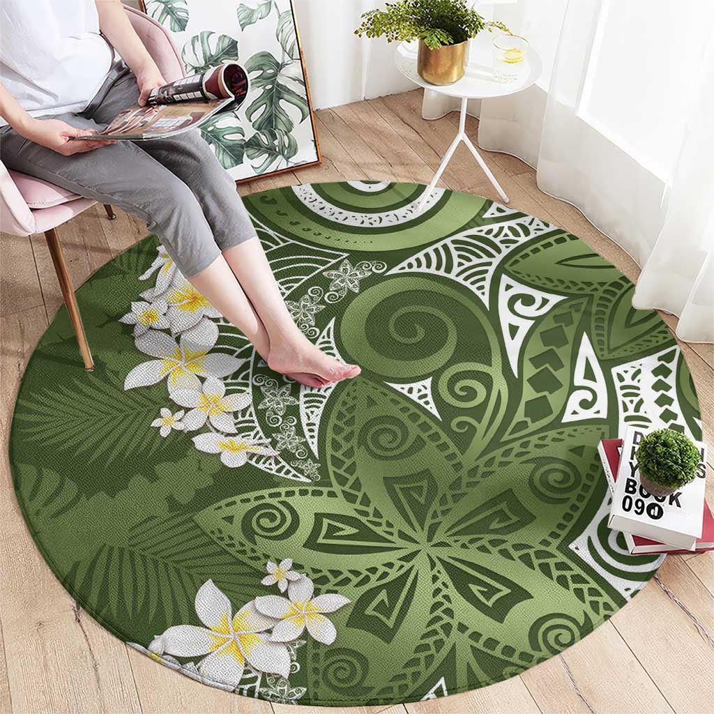 Green Polynesian Tribal Frangipani Tropical Vibe Round Carpet