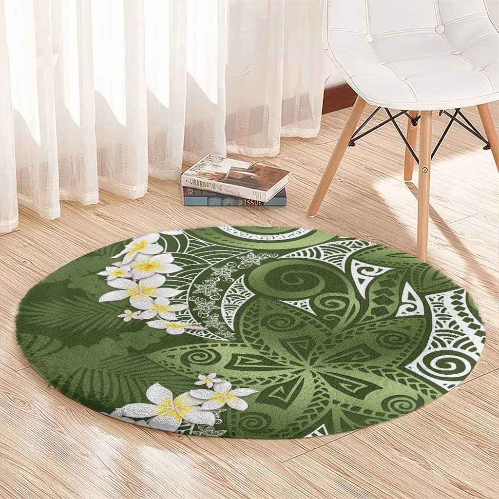 Green Polynesian Tribal Frangipani Tropical Vibe Round Carpet