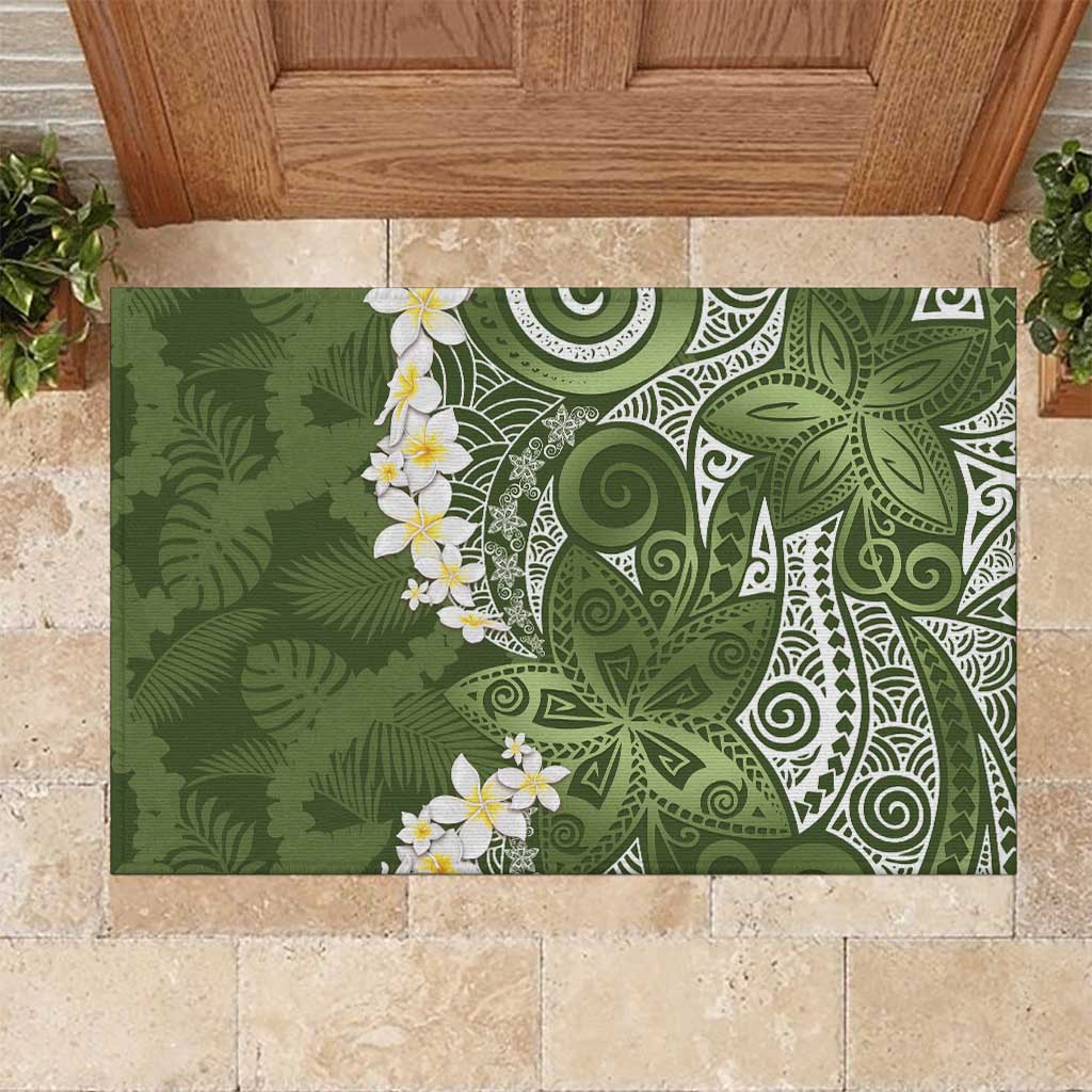 Green Polynesian Tribal Frangipani Tropical Vibe Rubber Doormat