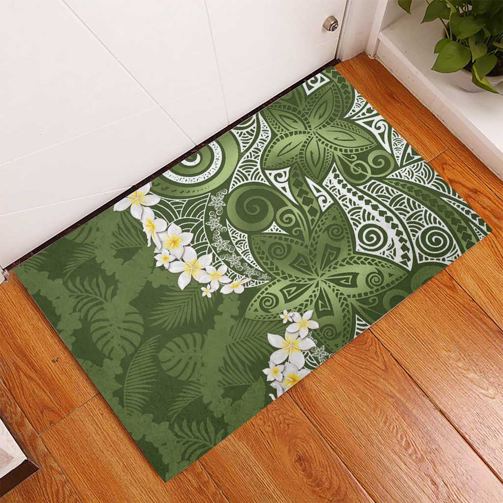Green Polynesian Tribal Frangipani Tropical Vibe Rubber Doormat