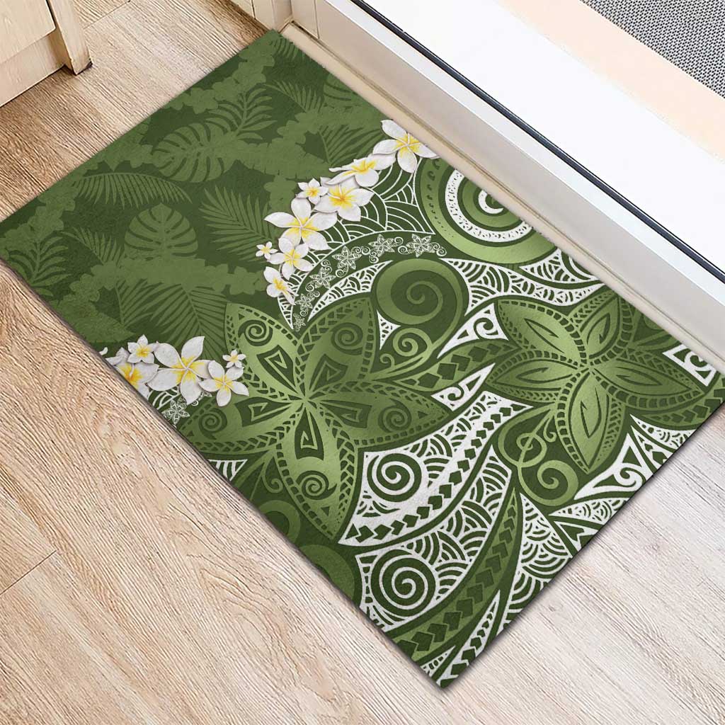 Green Polynesian Tribal Frangipani Tropical Vibe Rubber Doormat