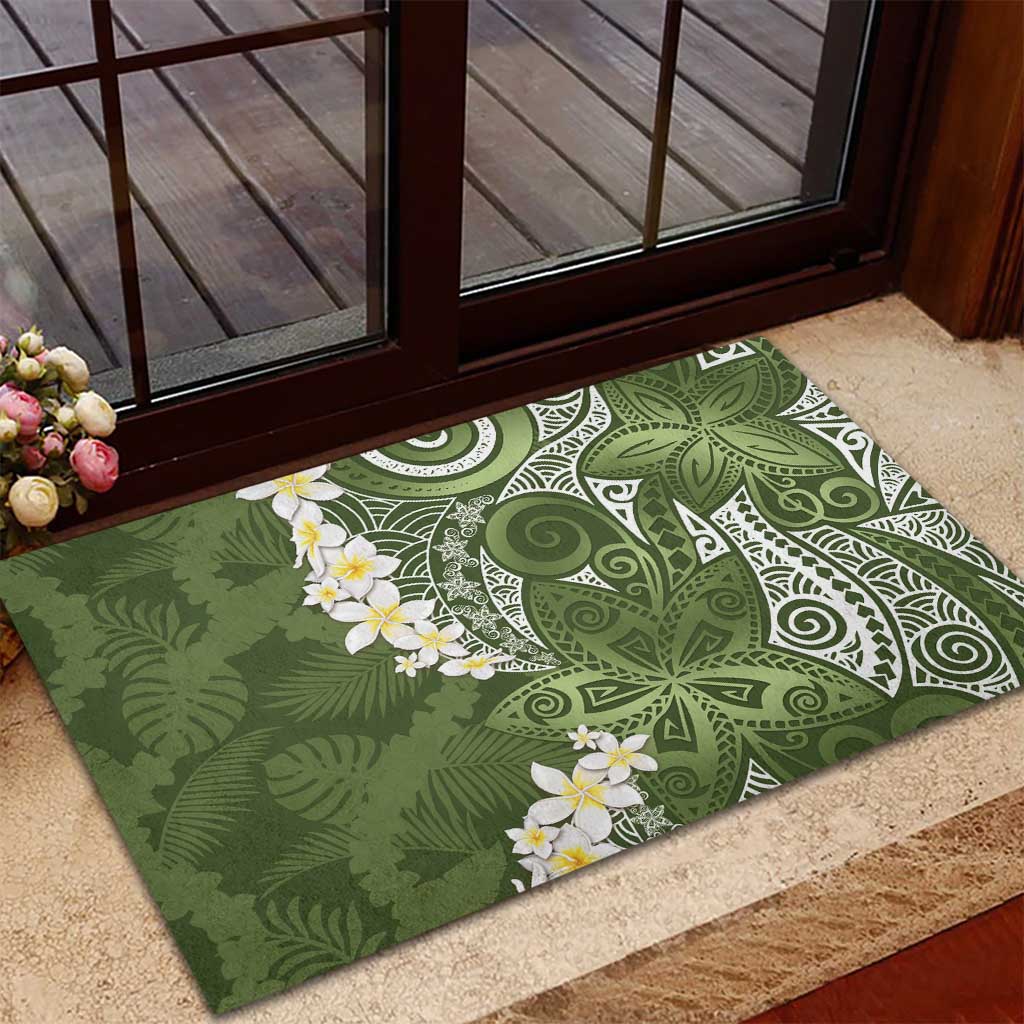 Green Polynesian Tribal Frangipani Tropical Vibe Rubber Doormat