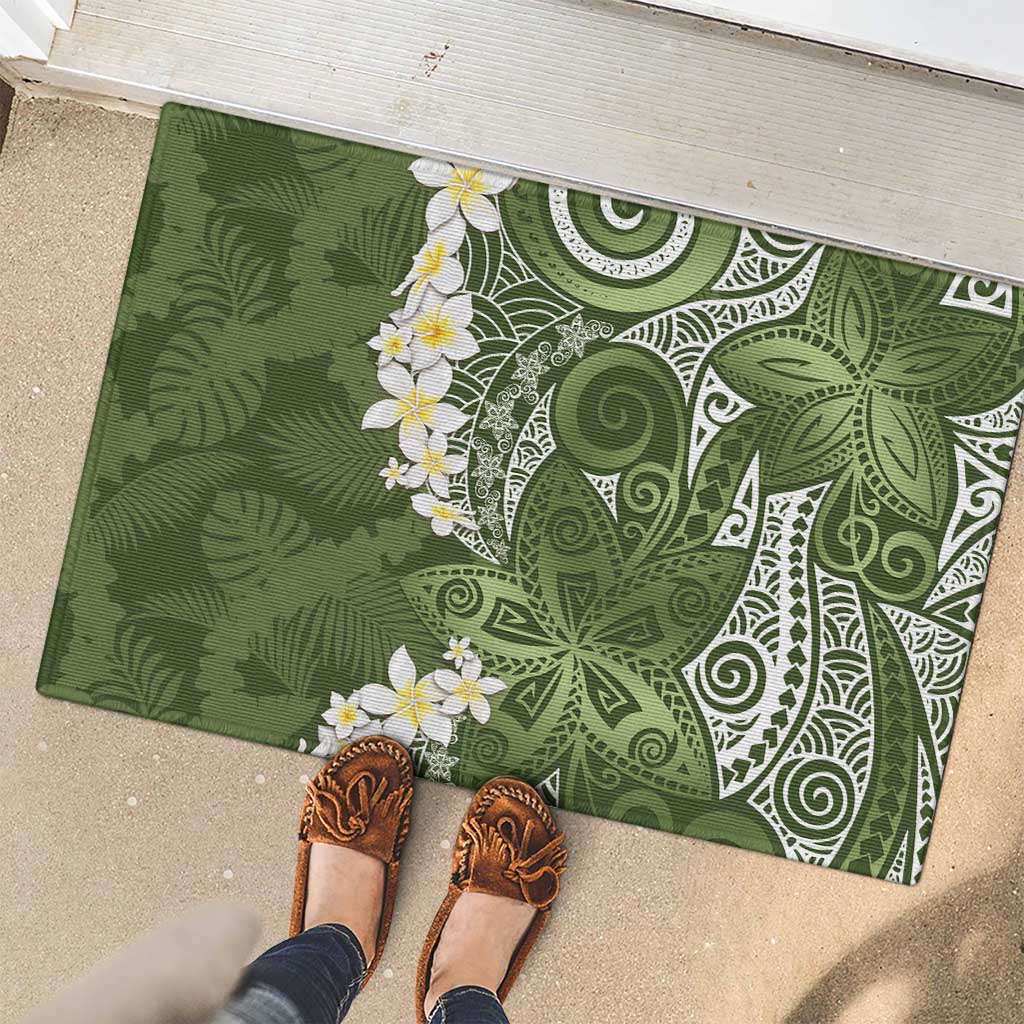 Green Polynesian Tribal Frangipani Tropical Vibe Rubber Doormat