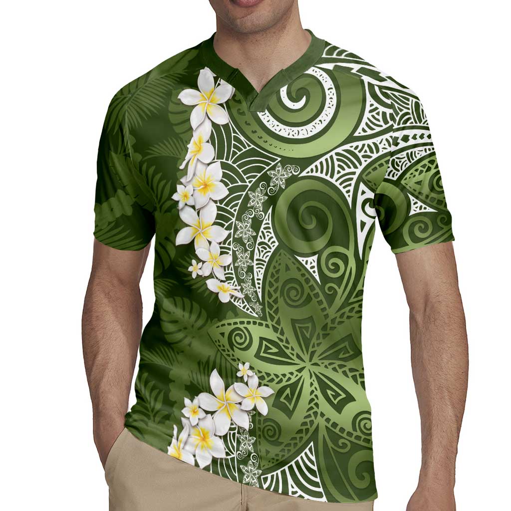 Green Polynesian Tribal Frangipani Tropical Vibe Rugby Jersey LT14 - Polynesian Pride