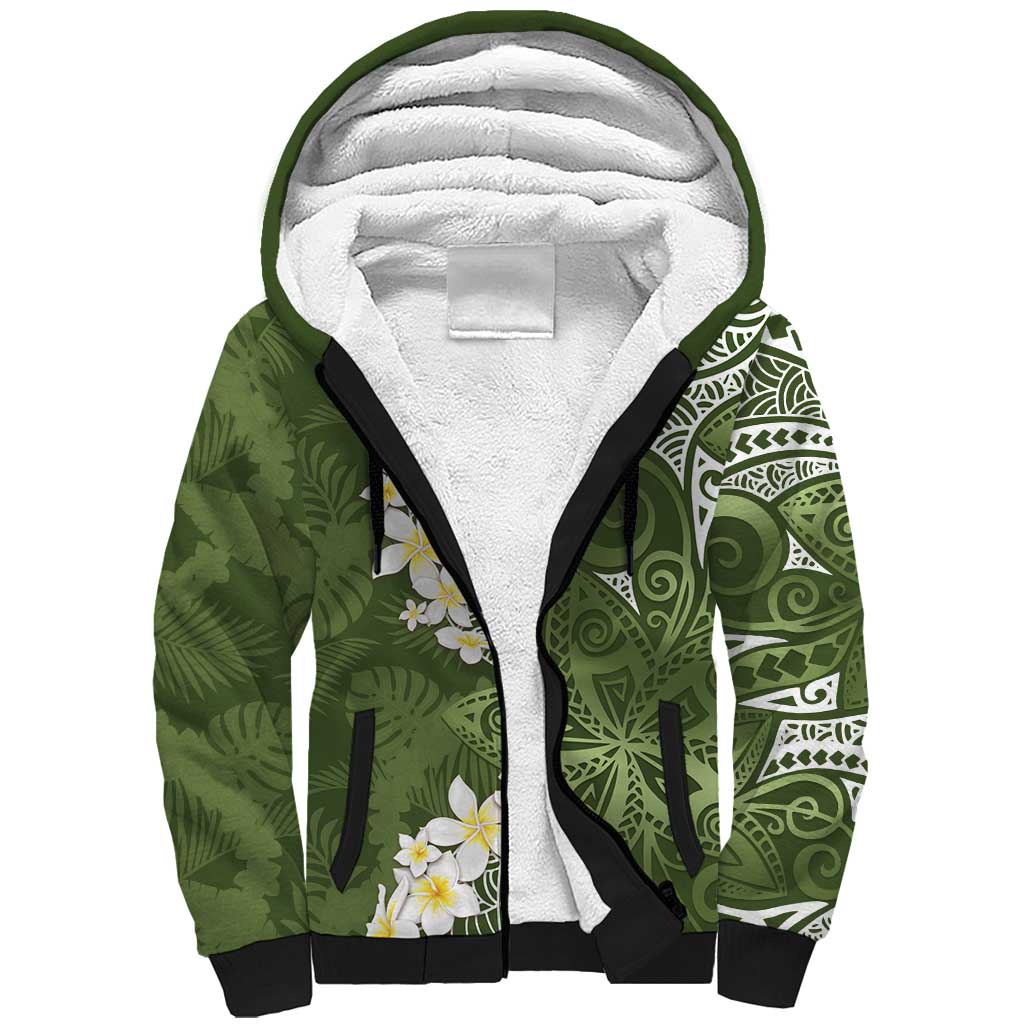 Green Polynesian Tribal Frangipani Tropical Vibe Sherpa Hoodie
