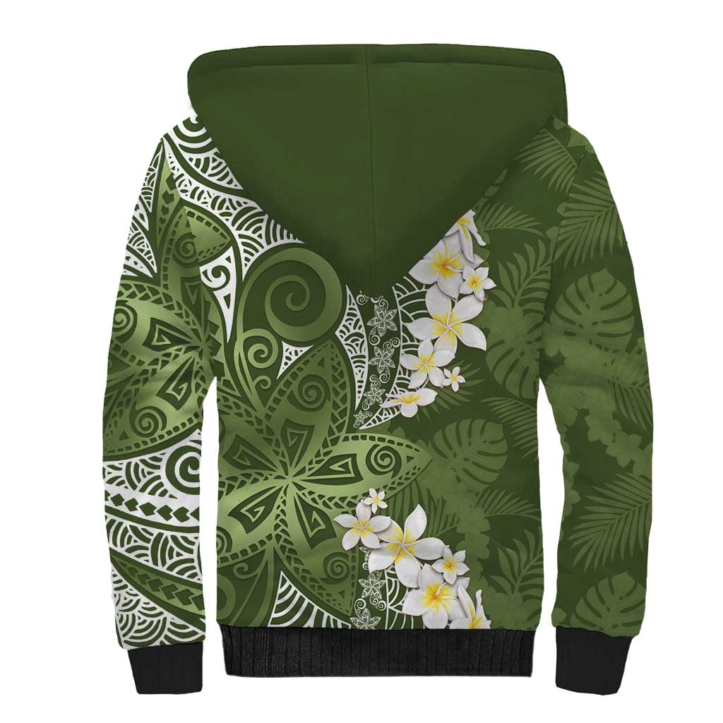 Green Polynesian Tribal Frangipani Tropical Vibe Sherpa Hoodie