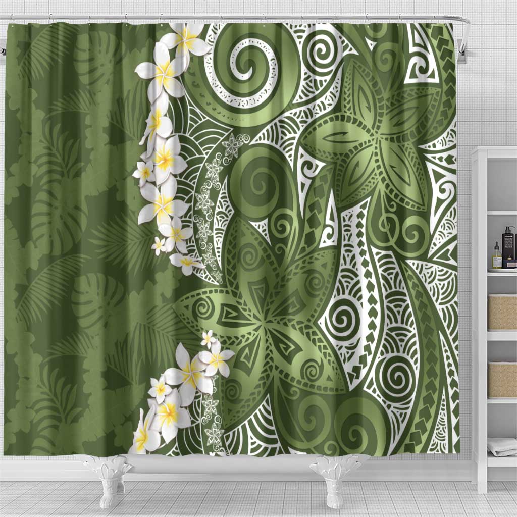 Green Polynesian Tribal Frangipani Tropical Vibe Shower Curtain