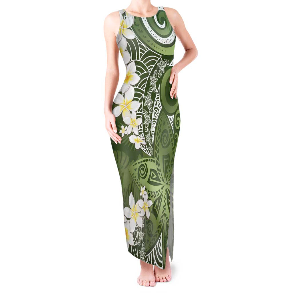 Green Polynesian Tribal Frangipani Tropical Vibe Tank Maxi Dress