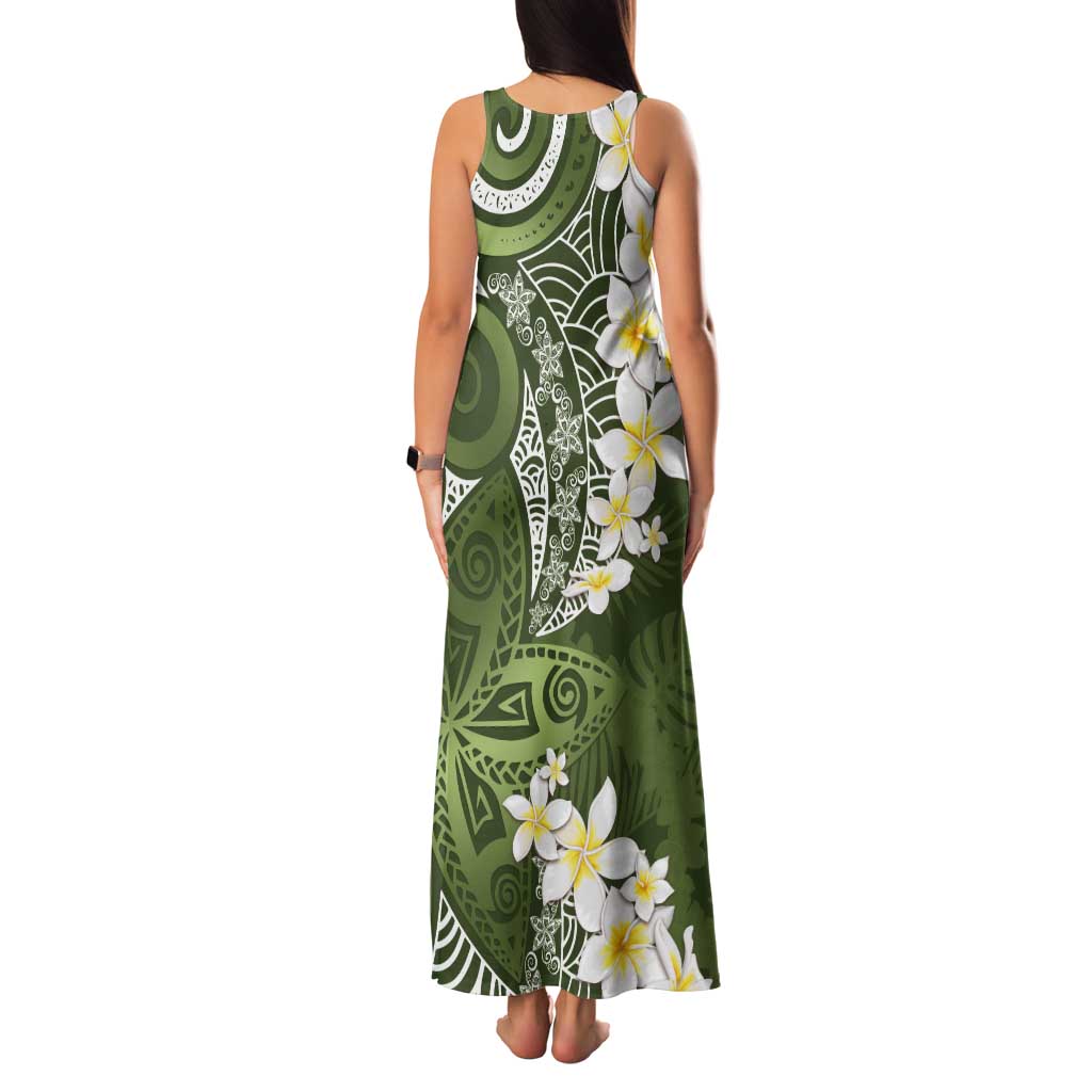 Green Polynesian Tribal Frangipani Tropical Vibe Tank Maxi Dress