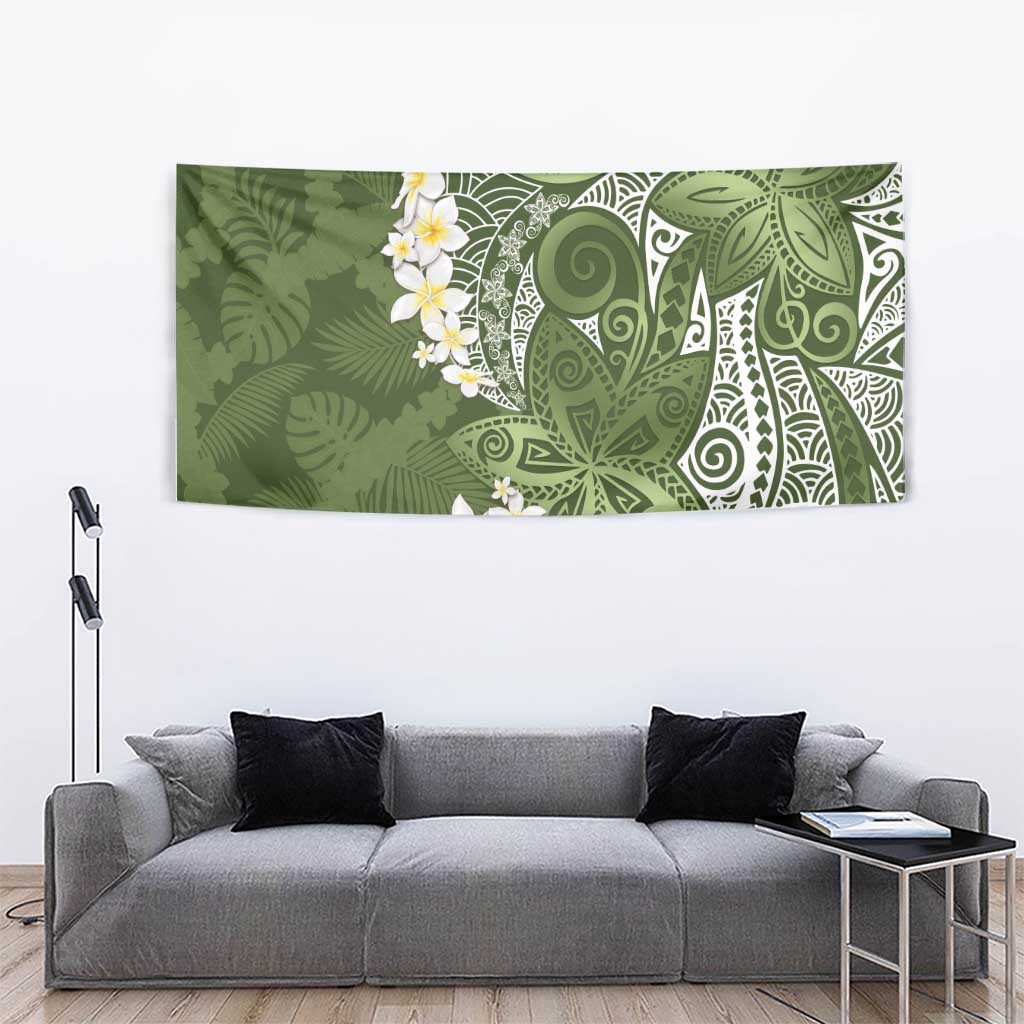 Green Polynesian Tribal Frangipani Tropical Vibe Tapestry