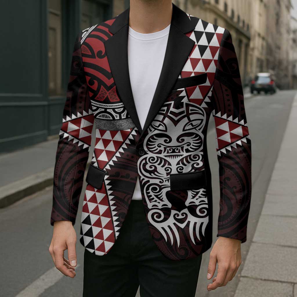 Red Aotearoa Niho Taniwha Blazer Maori Mythology Tooth - Taniko Motifs LT14 - Polynesian Pride