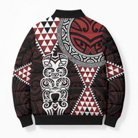 Red Aotearoa Niho Taniwha Bomber Puffer Jacket Maori Mythology Tooth - Taniko Motifs - Polynesian Pride