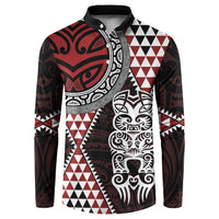Red Aotearoa Niho Taniwha Button Sweatshirt Maori Mythology Tooth - Taniko Motifs LT14 Red - Polynesian Pride