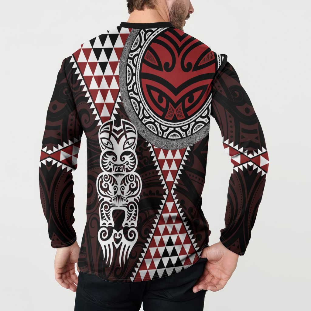 Red Aotearoa Niho Taniwha Button Sweatshirt Maori Mythology Tooth - Taniko Motifs LT14 - Polynesian Pride