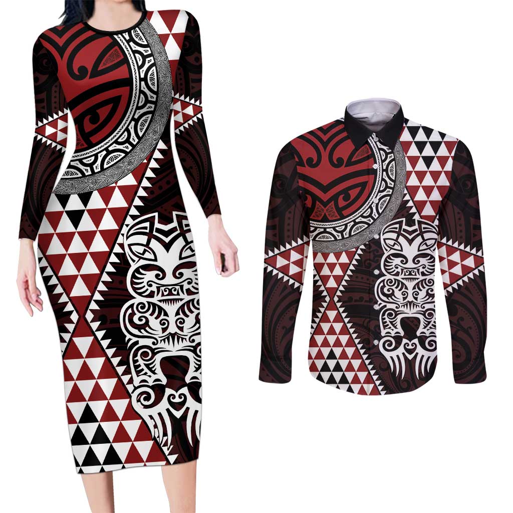 Red Aotearoa Niho Taniwha Couples Matching Long Sleeve Bodycon Dress and Long Sleeve Button Shirt Maori Mythology Tooth - Taniko Motifs LT14 Red - Polynesian Pride