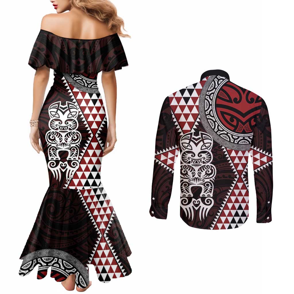 Red Aotearoa Niho Taniwha Couples Matching Mermaid Dress and Long Sleeve Button Shirt Maori Mythology Tooth - Taniko Motifs LT14 - Polynesian Pride