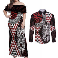 Red Aotearoa Niho Taniwha Couples Matching Off Shoulder Maxi Dress and Long Sleeve Button Shirt Maori Mythology Tooth - Taniko Motifs LT14 Red - Polynesian Pride