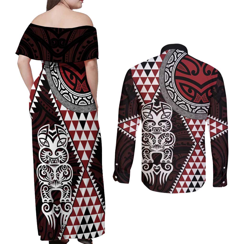 Red Aotearoa Niho Taniwha Couples Matching Off Shoulder Maxi Dress and Long Sleeve Button Shirt Maori Mythology Tooth - Taniko Motifs LT14 - Polynesian Pride
