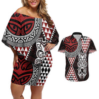 Red Aotearoa Niho Taniwha Couples Matching Off Shoulder Short Dress and Hawaiian Shirt Maori Mythology Tooth - Taniko Motifs LT14 Red - Polynesian Pride