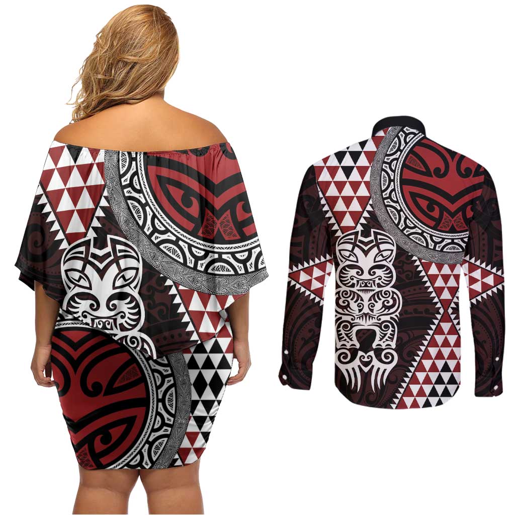 Red Aotearoa Niho Taniwha Couples Matching Off Shoulder Short Dress and Long Sleeve Button Shirt Maori Mythology Tooth - Taniko Motifs LT14 - Polynesian Pride