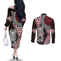 Red Aotearoa Niho Taniwha Couples Matching Off The Shoulder Long Sleeve Dress and Long Sleeve Button Shirt Maori Mythology Tooth - Taniko Motifs LT14 - Polynesian Pride
