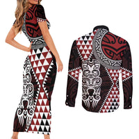 Red Aotearoa Niho Taniwha Couples Matching Short Sleeve Bodycon Dress and Long Sleeve Button Shirt Maori Mythology Tooth - Taniko Motifs LT14 - Polynesian Pride