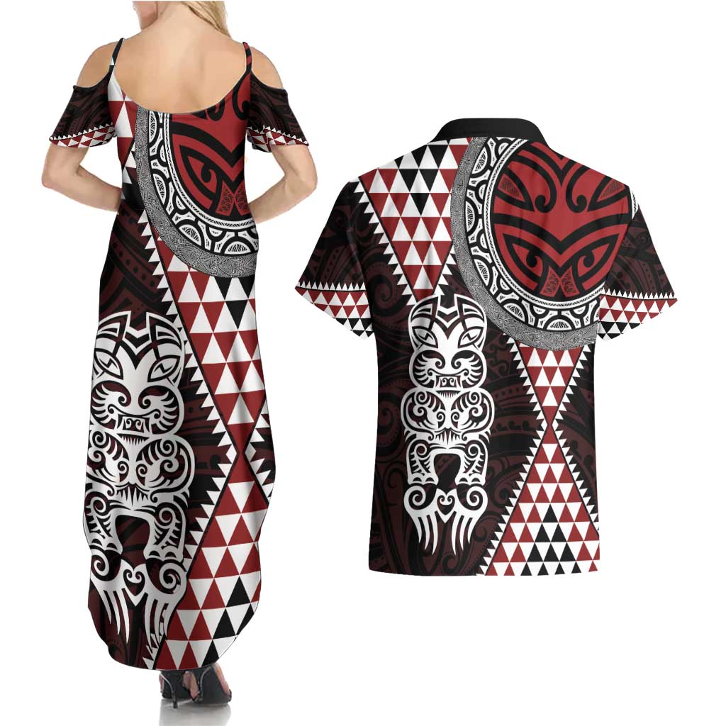 Red Aotearoa Niho Taniwha Couples Matching Summer Maxi Dress and Hawaiian Shirt Maori Mythology Tooth - Taniko Motifs LT14 - Polynesian Pride