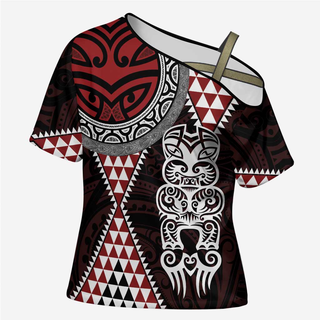 Red Aotearoa Niho Taniwha Cross Shoulder Shirt Maori Mythology Tooth - Taniko Motifs - Polynesian Pride